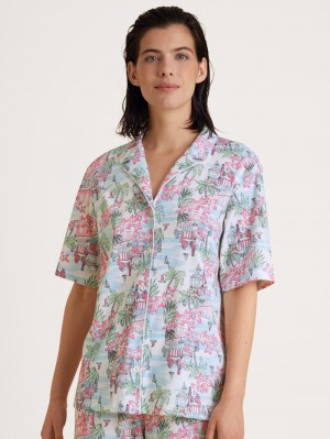 Calida Amalfi Journey Shirt Short Sleeve, Buttoned Through Nachtwäsche Damen Weiß | 08132-GWET