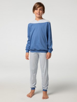 Calida Boys Youngster Pyjama With Cuff Pyjama Kinder Blau | 43850-GMVT