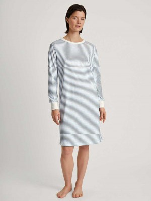 Calida Cotton Stripes Long-sleeved Nightdress, Length 100 Cm Nachtwäsche Damen Endless Sky | 52176-CXZL