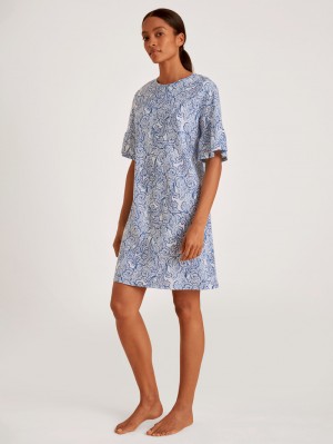 Calida Favourites Paisley Short Sleeve Nightdress, Length 90cm Nachtwäsche Damen Blau | 92307-GSLF