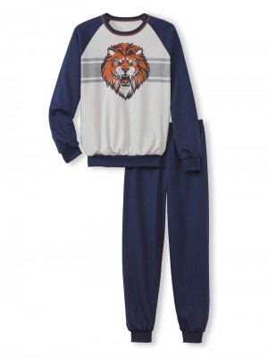 Calida Kids Lion Pyjama With Cuff Pyjama Kinder Blau | 67253-OQEA