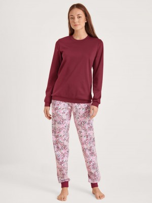 Calida Midnight Flowers Pyjama With Cuff Nachtwäsche Damen Rot | 96520-VMQZ