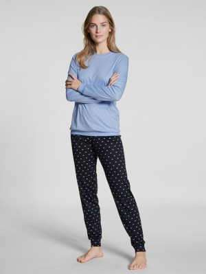 Calida Night Lovers Pyjama With Cuff Nachtwäsche Damen Dunkelblau | 28095-JCKU