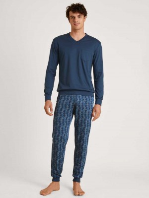 Calida Relax Choice 2 Pyjama With Cuff Nachtwäsche Herren Blau | 73108-WYBE