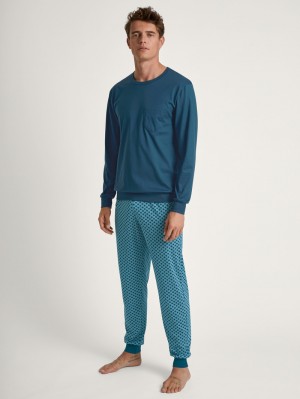 Calida Relax Imprint 3 Pyjama With Cuff Nachtwäsche Herren Blau | 30271-EFVU