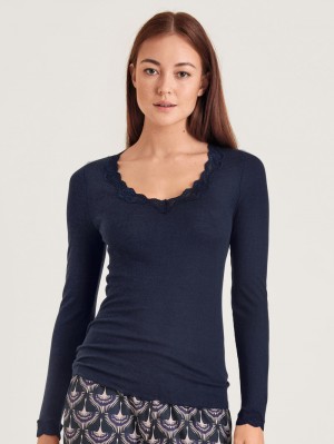 Calida Richesse Lace Shirt Long Sleeve Unterwäsche Damen Blau | 48651-MGCU