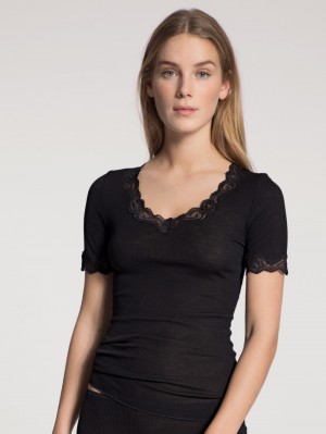 Calida Richesse Lace Shirt Short Sleeve Unterwäsche Damen Ws Schwarz | 51096-OGMB