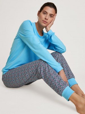 Calida Spring Nights Cuffed Pyjamas Nachtwäsche Damen Blau | 28163-UOYX