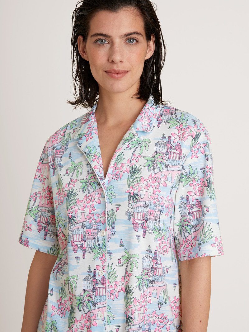 Calida Amalfi Journey Shirt Short Sleeve, Buttoned Through Nachtwäsche Damen Weiß | 08132-GWET