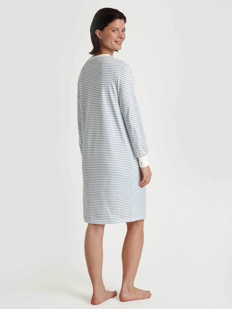 Calida Cotton Stripes Long-sleeved Nightdress, Length 100 Cm Nachtwäsche Damen Endless Sky | 52176-CXZL