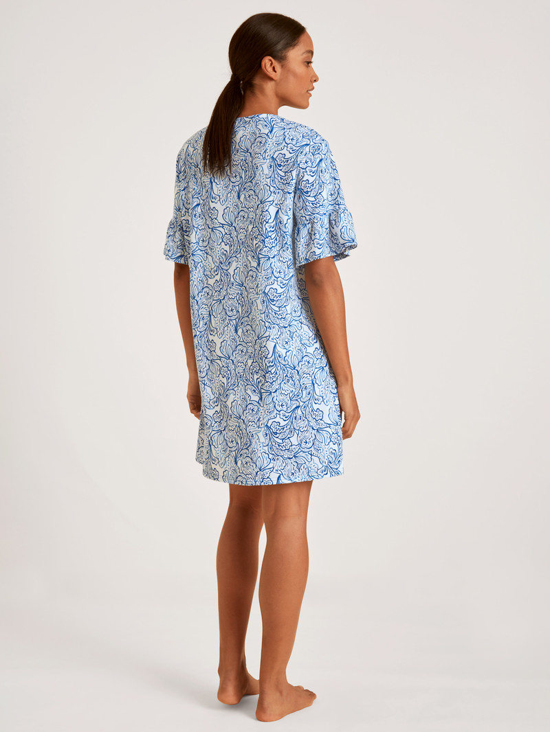 Calida Favourites Paisley Short Sleeve Nightdress, Length 90cm Nachtwäsche Damen Blau | 92307-GSLF