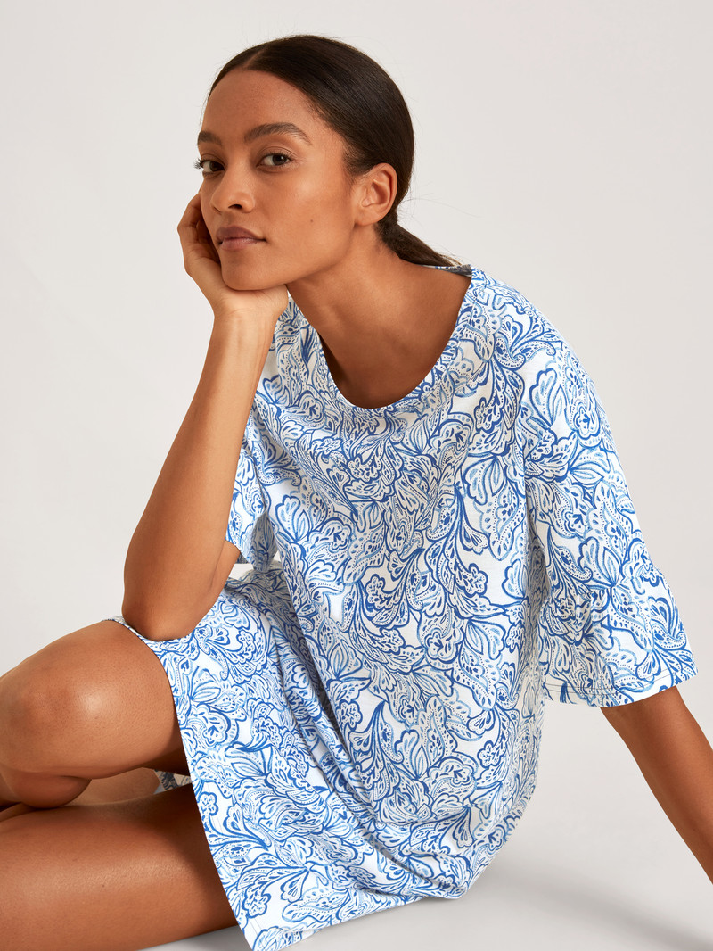 Calida Favourites Paisley Short Sleeve Nightdress, Length 90cm Nachtwäsche Damen Blau | 92307-GSLF