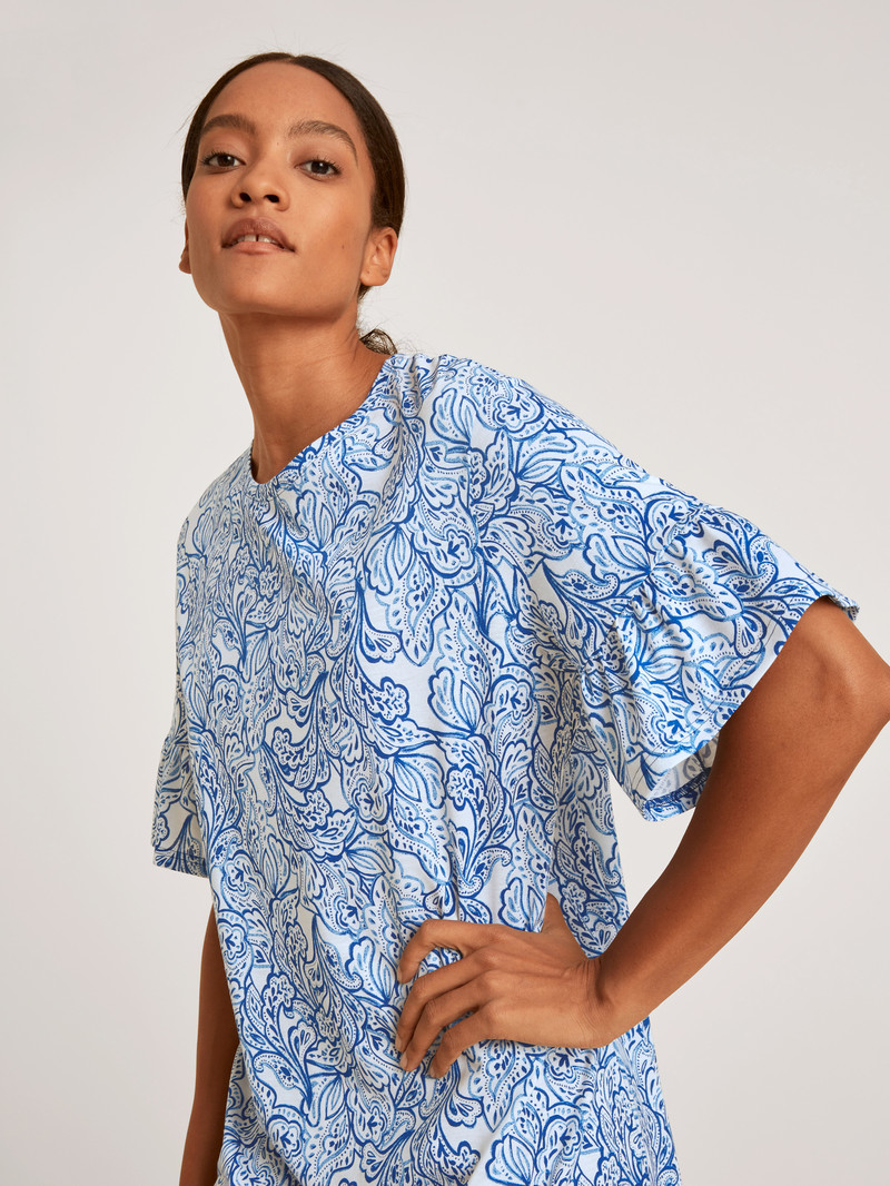 Calida Favourites Paisley Short Sleeve Nightdress, Length 90cm Nachtwäsche Damen Blau | 92307-GSLF