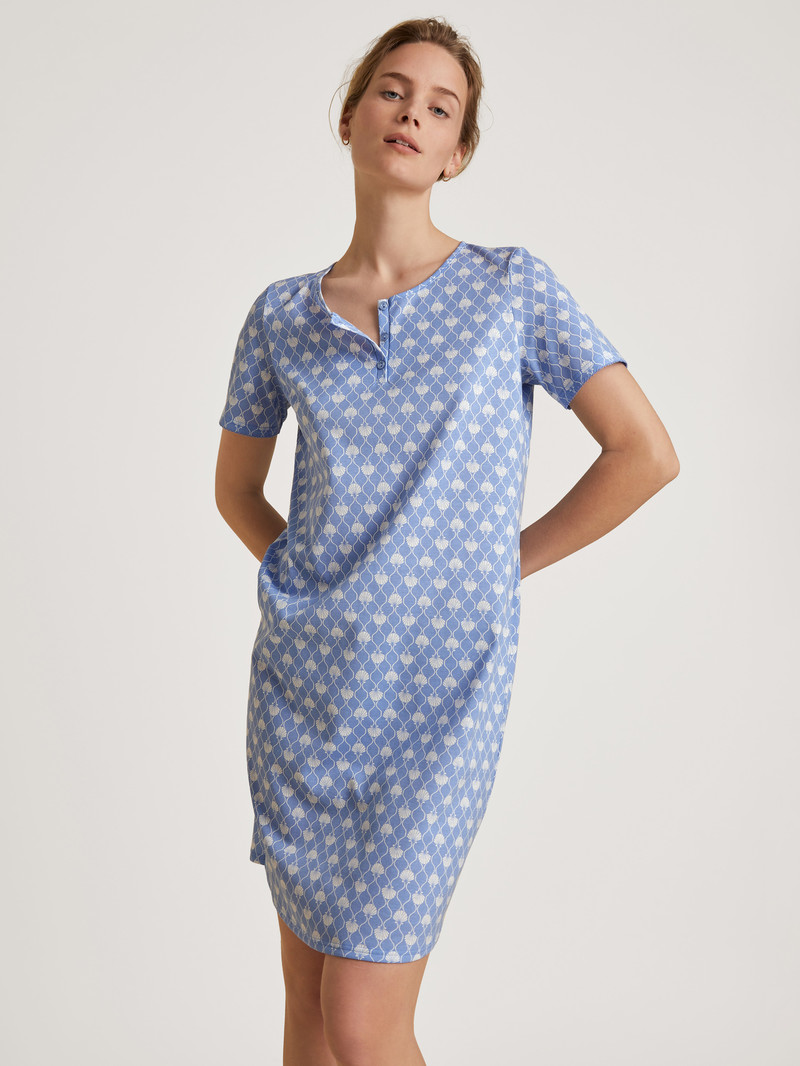 Calida Shell Nights Short Sleeve Nightdress, Length 95cm Nachtwäsche Damen Blau | 15379-GSJX