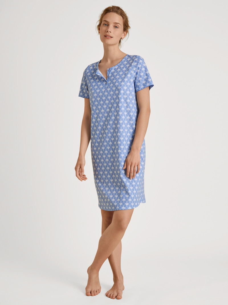 Calida Shell Nights Short Sleeve Nightdress, Length 95cm Nachtwäsche Damen Blau | 15379-GSJX