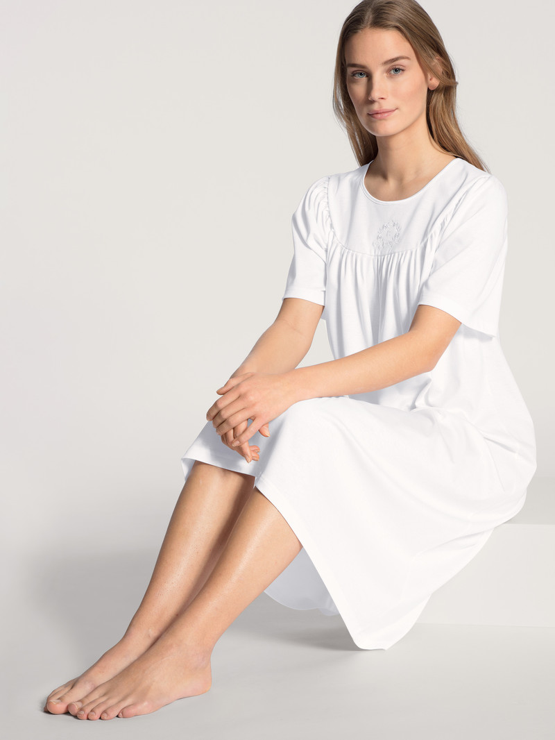 Calida Soft Cotton Nightdress, Length 110cm Nachtwäsche Damen Weiß | 62054-TUAI